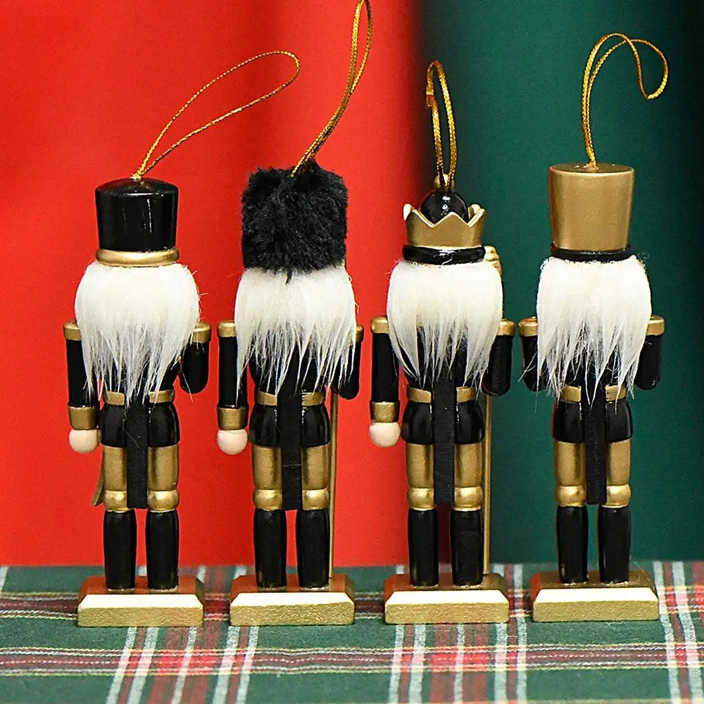 β¨ Wooden Nutcracker Christmas Ornaments β Set of 4, Black Gold Soldier Tree Pendants for Festive Decor π