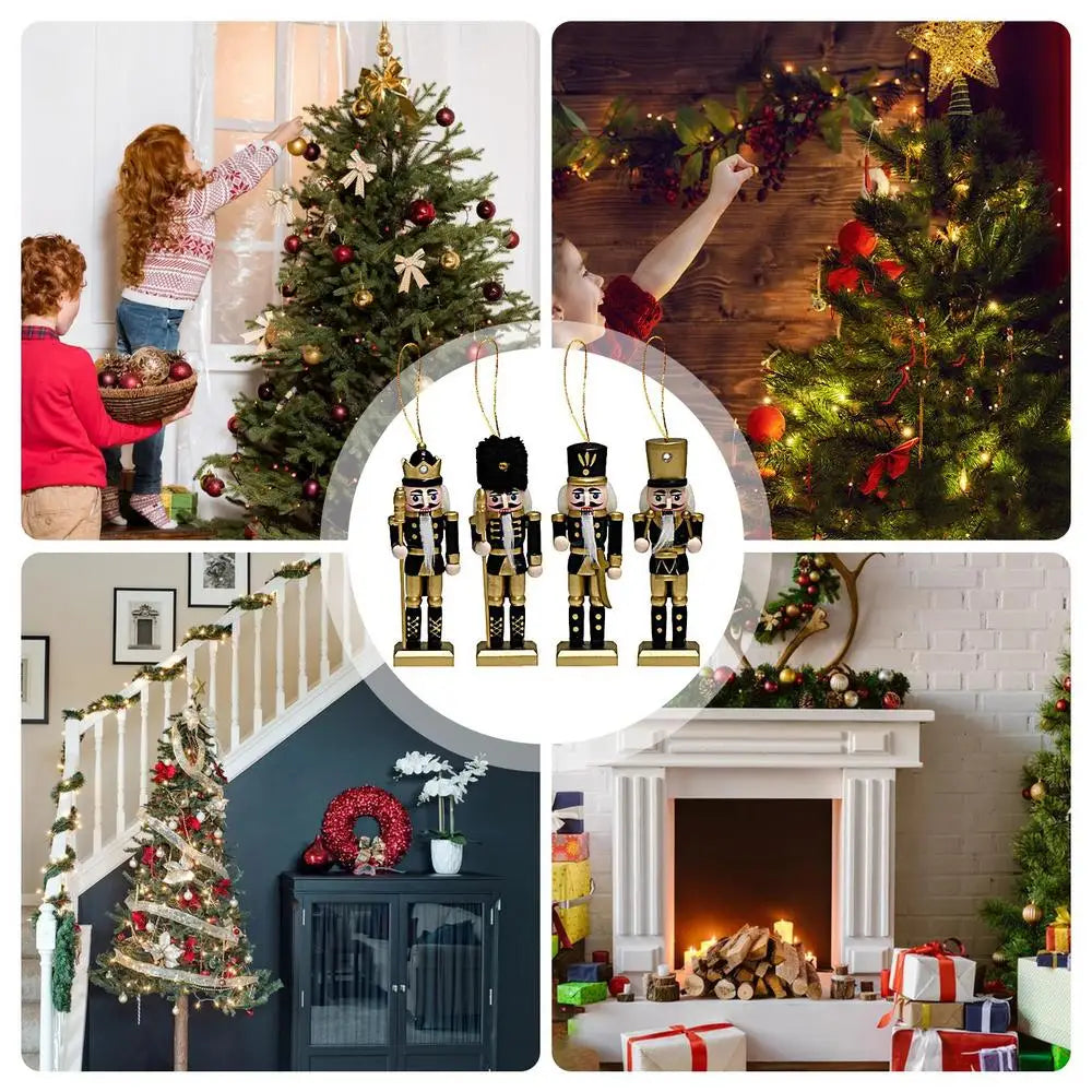 β¨ Wooden Nutcracker Christmas Ornaments β Set of 4, Black Gold Soldier Tree Pendants for Festive Decor π