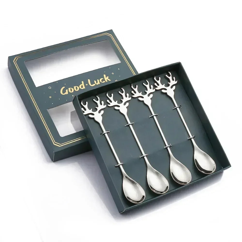 Elk Head Coffee Spoons – 4pcs Christmas Tableware Set