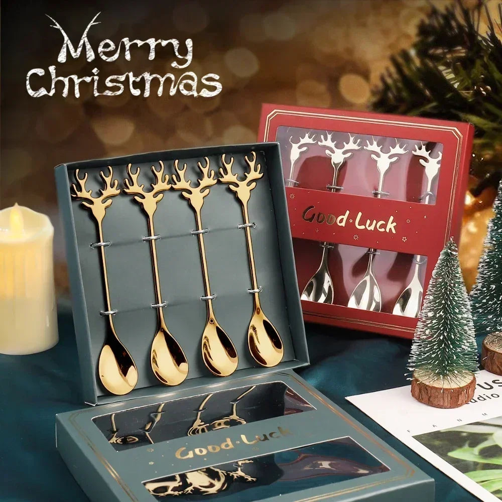 Elk Head Coffee Spoons – 4pcs Christmas Tableware Set