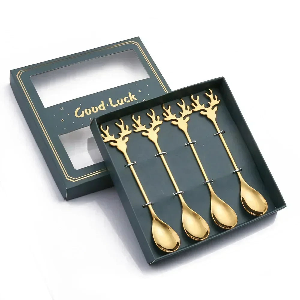 Elk Head Coffee Spoons – 4pcs Christmas Tableware Set