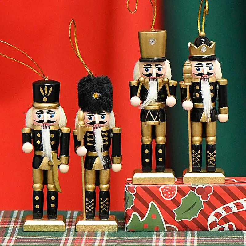 β¨ Wooden Nutcracker Christmas Ornaments β Set of 4, Black Gold Soldier Tree Pendants for Festive Decor π