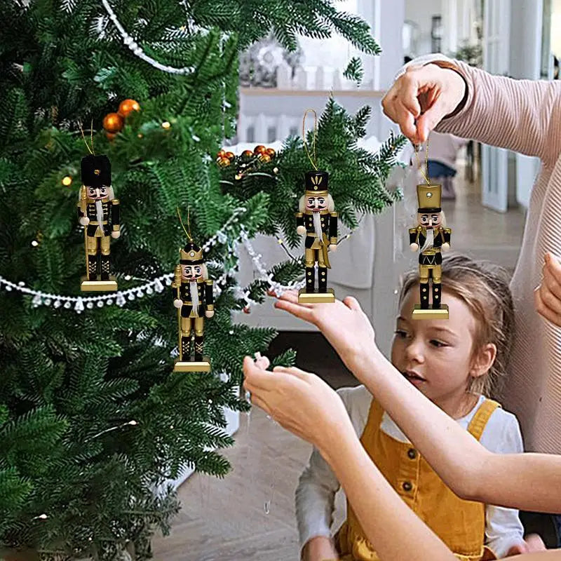 β¨ Wooden Nutcracker Christmas Ornaments β Set of 4, Black Gold Soldier Tree Pendants for Festive Decor π