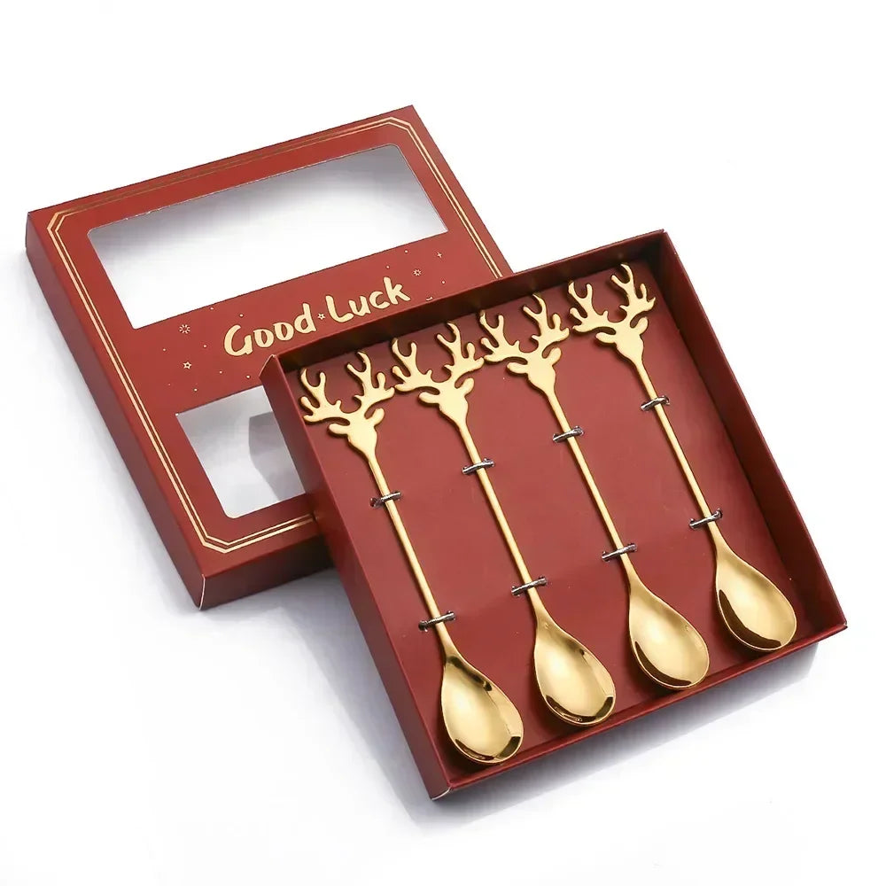Elk Head Coffee Spoons – 4pcs Christmas Tableware Set