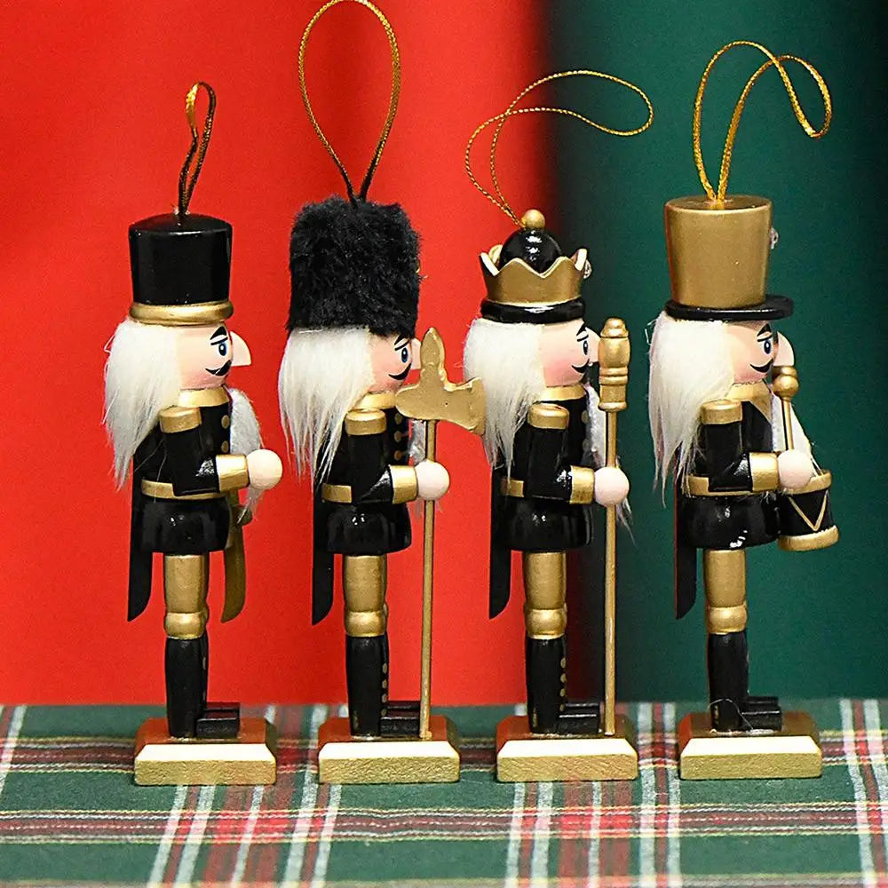 β¨ Wooden Nutcracker Christmas Ornaments β Set of 4, Black Gold Soldier Tree Pendants for Festive Decor π