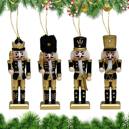✨ Wooden Nutcracker Christmas Ornaments – Set of 4, Black Gold Soldier Tree Pendants for Festive Decor 🎄