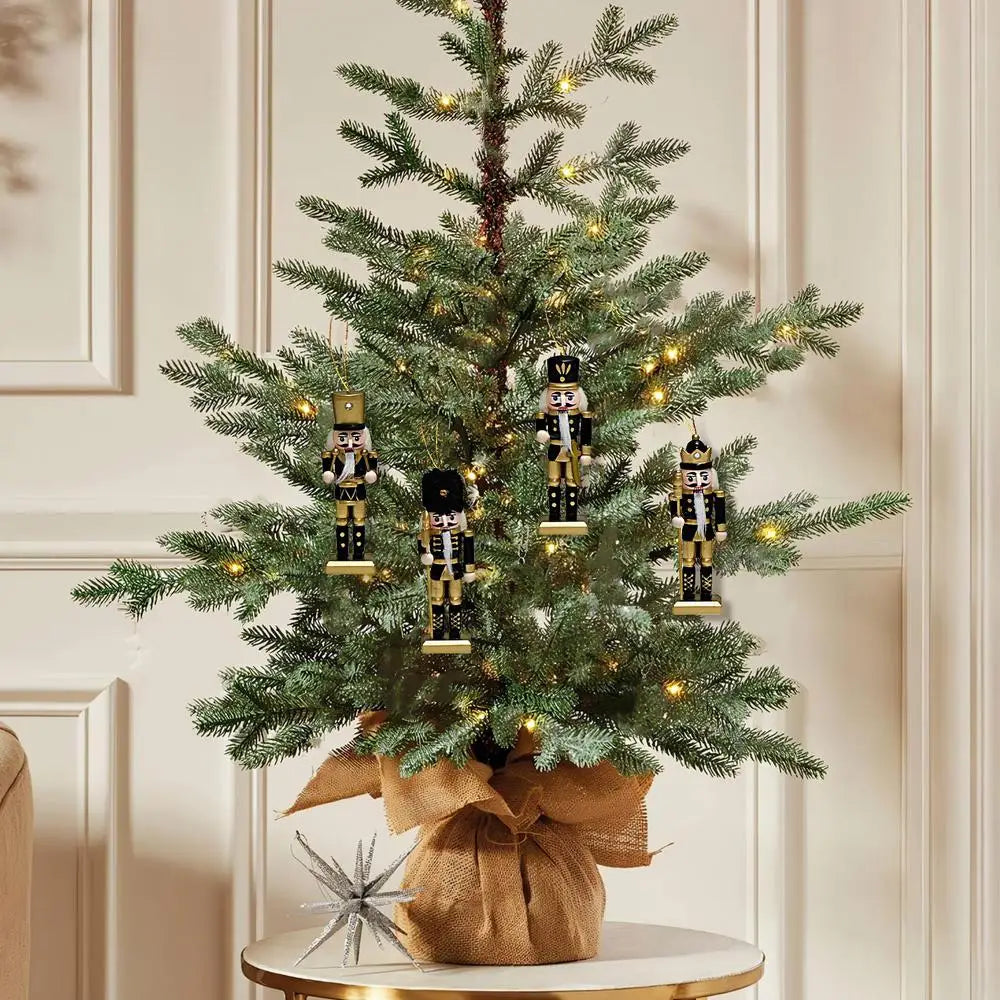 ✨ Wooden Nutcracker Christmas Ornaments – Set of 4, Black Gold Soldier Tree Pendants for Festive Decor 🎄