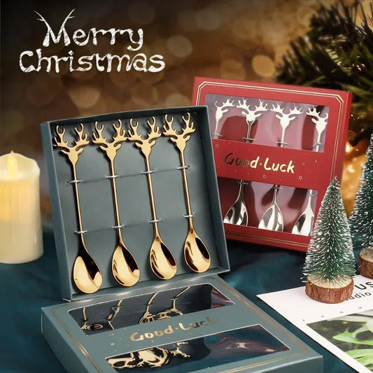 Elk Head Coffee Spoons – 4pcs Christmas Tableware Set