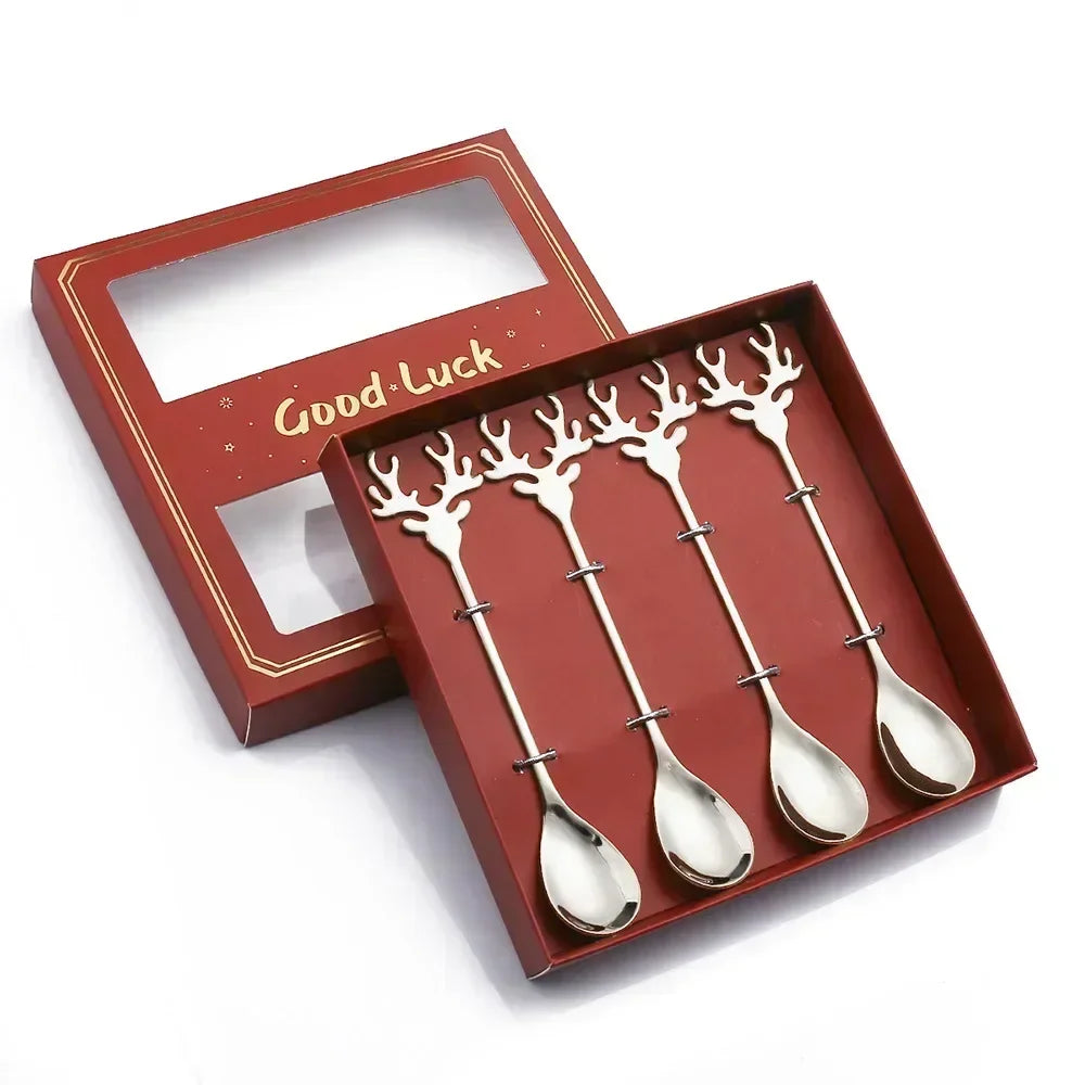 Elk Head Coffee Spoons – 4pcs Christmas Tableware Set
