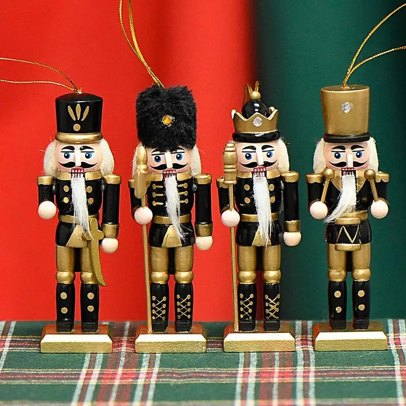 ✨ Wooden Nutcracker Christmas Ornaments – Set of 4, Black Gold Soldier Tree Pendants for Festive Decor 🎄