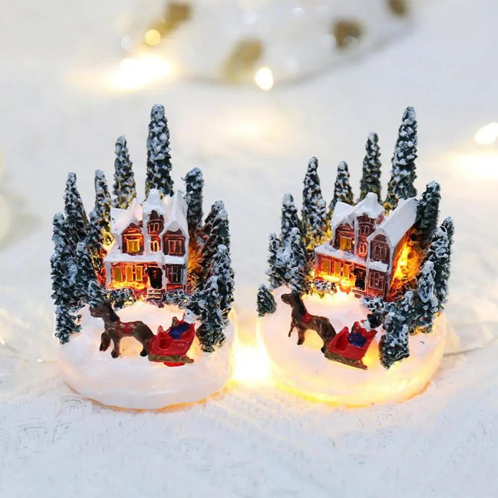 🎄 Christmas Resin Mini House Figurines – Light Up Village Table Ornament for Party Decoration ✨