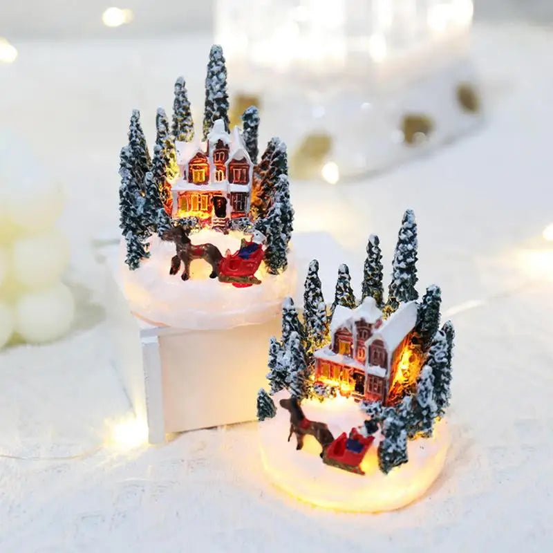 🎄 Christmas Resin Mini House Figurines – Light Up Village Table Ornament for Party Decoration ✨